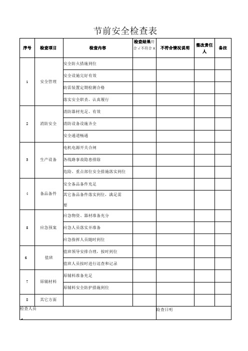 节前安全检查表范文