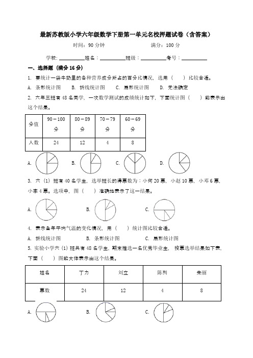 最新苏教版小学六年级数学下册第一单元名校押题试卷(含答案)