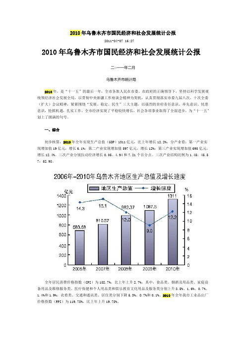 2010年乌鲁木齐市国民经济和社会发展统计公报及人口数量