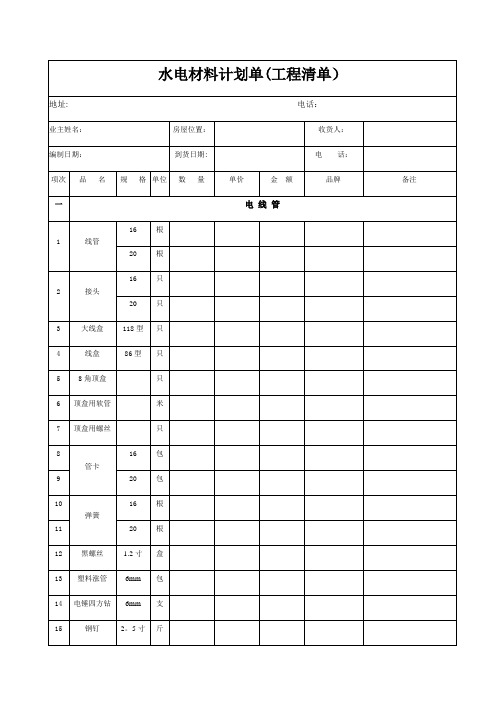 水暖电材料清单