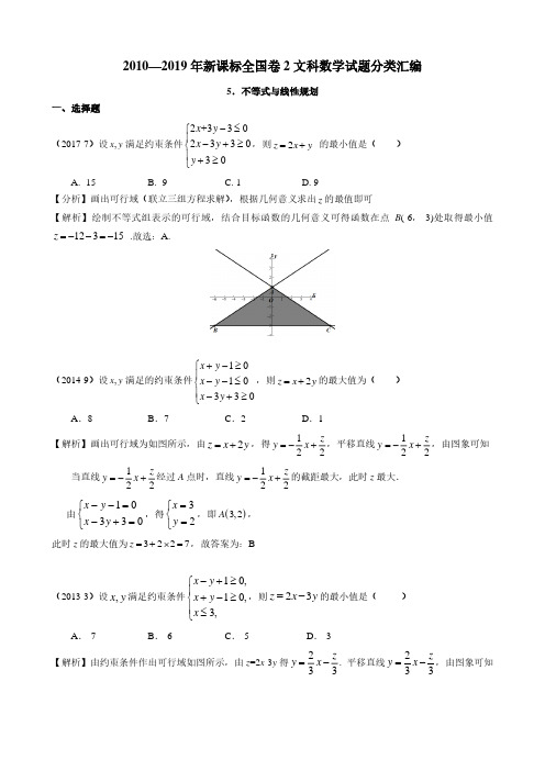 2010—2019年新课标全国卷2文科数学试题分类汇编——5.不等式与线性规划