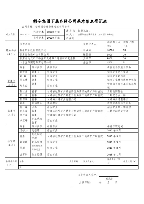 附表：招金集团下属各级公司基本信息登记表(甘肃招金冶炼)