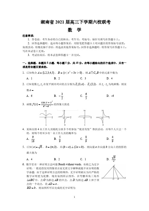 湖南省六校2021届高三下学期4月联考数学试题(word版,含答案)