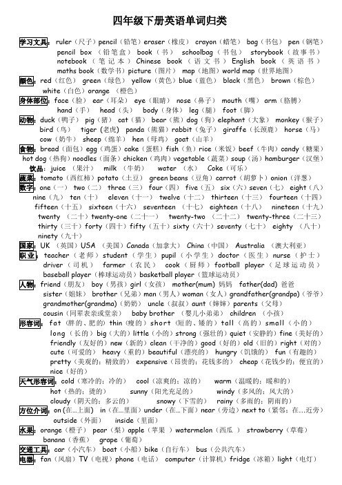 人教版pep小学英语四年级下册期末总复习单词归类