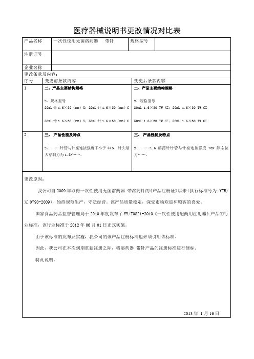 医疗器械说明书更改情况对比表