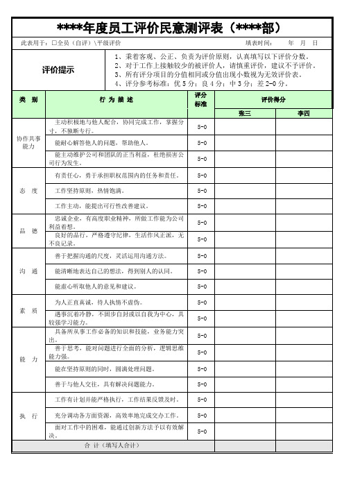 年度员工评价民意测评表