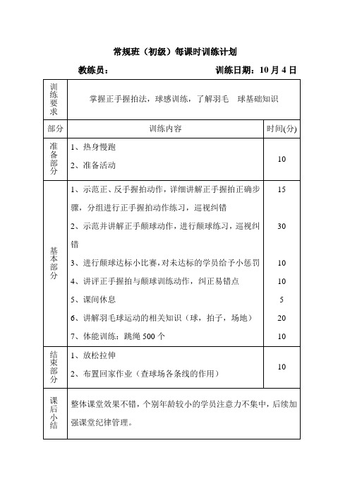 羽毛球(初级)训练计划