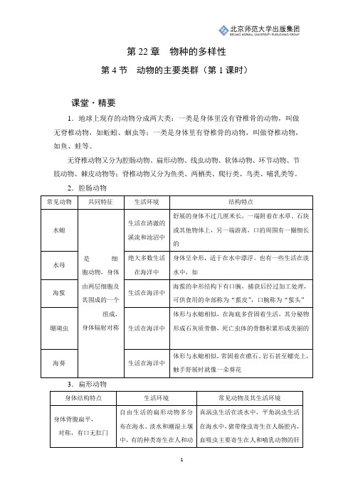 北师生物八下第22章第4节《动物的主要类群》课堂精练(第1课时)