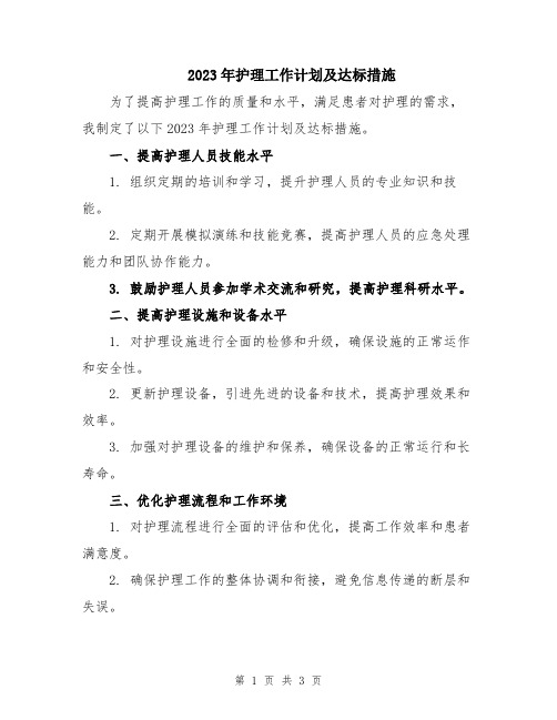 2023年护理工作计划及达标措施