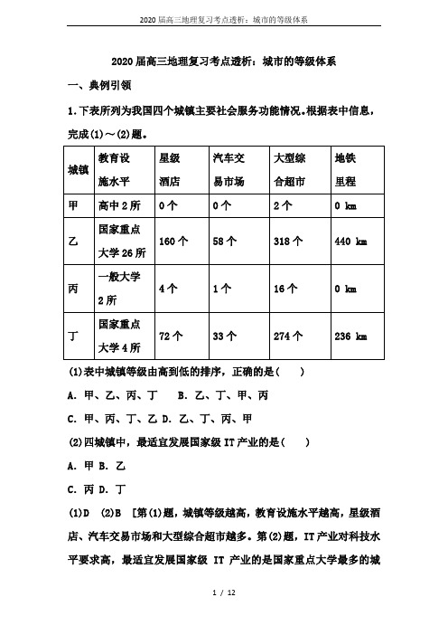 2020届高三地理复习考点透析：城市的等级体系