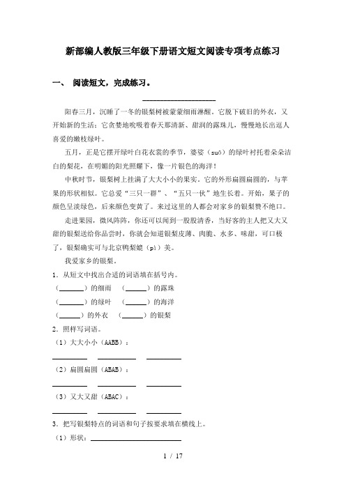 新部编人教版三年级下册语文短文阅读专项考点练习