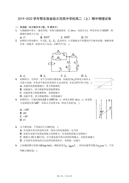 2019-2020学年鄂东南省级示范高中学校高二(上)期中物理试卷(含答案解析)