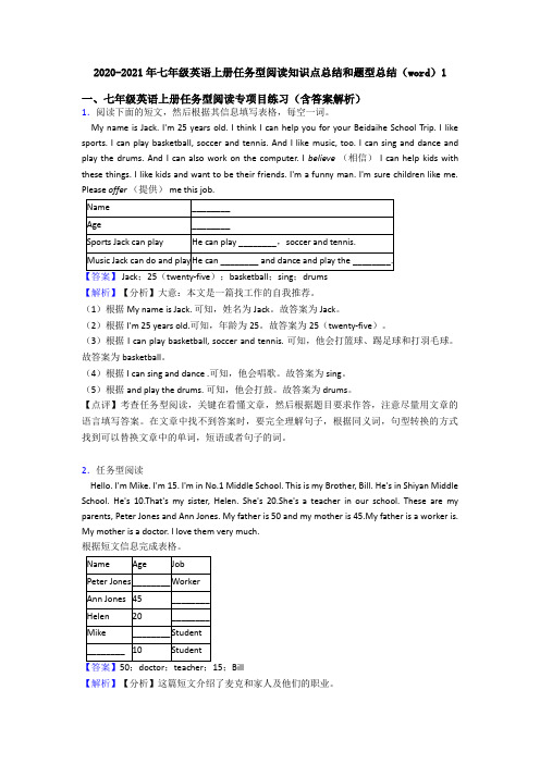 2020-2021年七年级英语上册任务型阅读知识点总结和题型总结(word)1