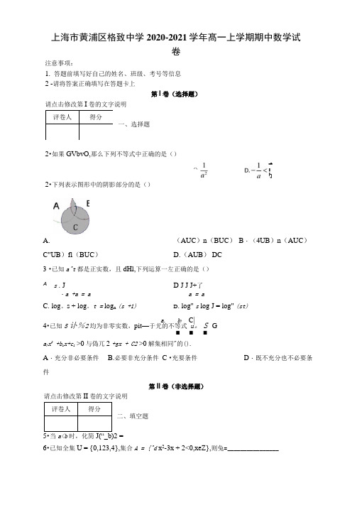 上海市黄浦区格致中学2020-2021学年高一上学期期中数学试卷及解析