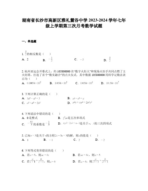 湖南省长沙市高新区雅礼麓谷中学2023-2024学年七年级上学期第三次月考数学试题