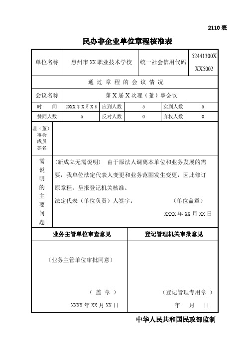 民办非企业单位章程核准表