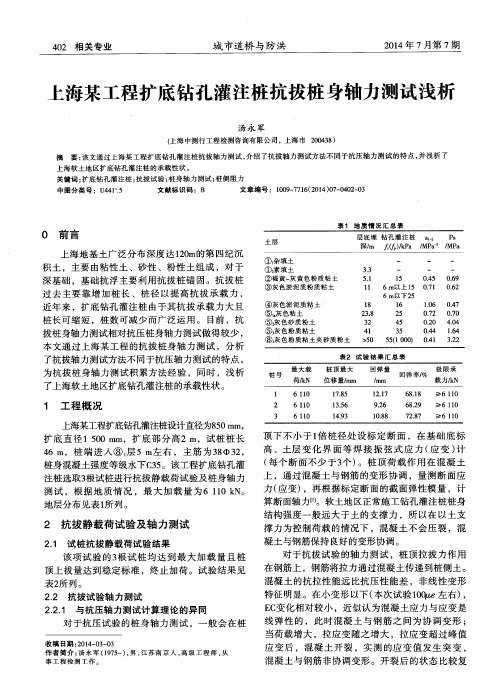 上海某工程扩底钻孔灌注桩抗拔桩身轴力测试浅析