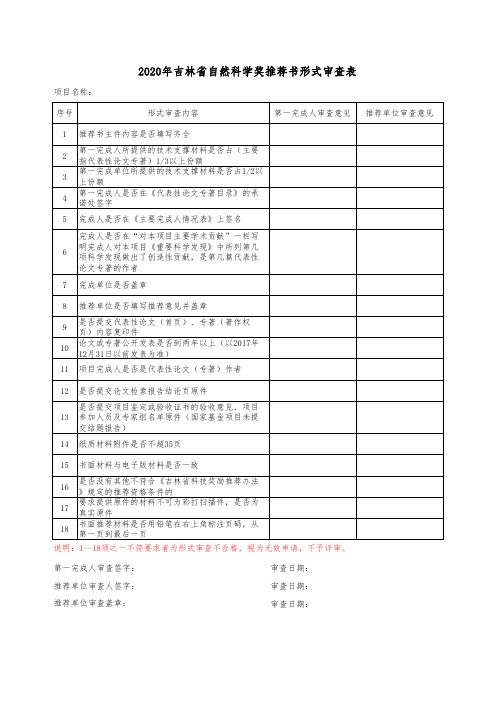 2020年吉林省科学技术奖推荐书形式审查表