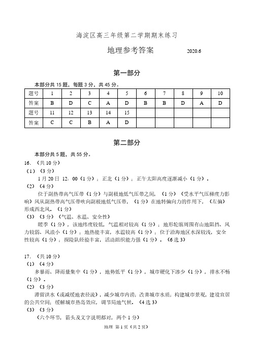 2020年海淀区高三地理第二学期期末练习(二模)参考答案及评分标准