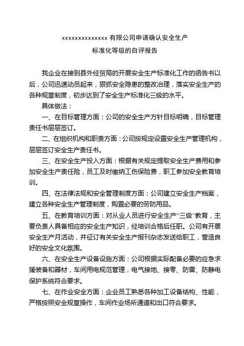 关于×××达到安全生产标准化三级的自评报告1