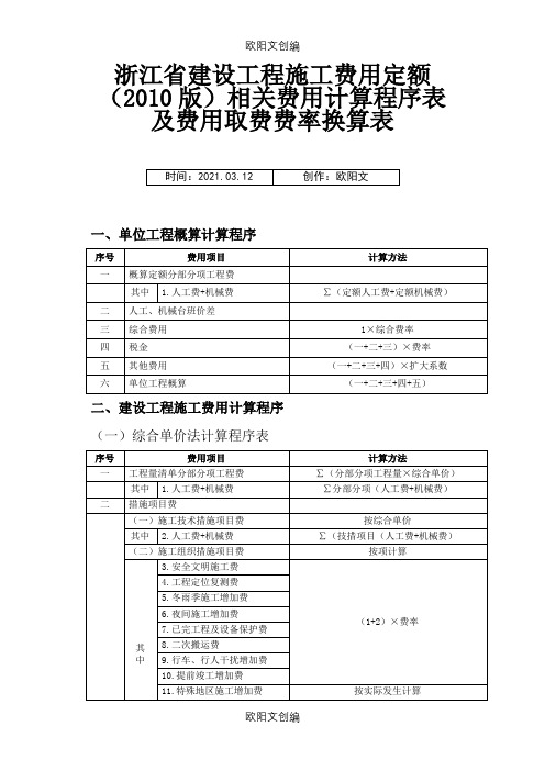 浙江省建设工程施工费用定额(版)相关费用计算程序表及费用取费费率换算表之欧阳文创编