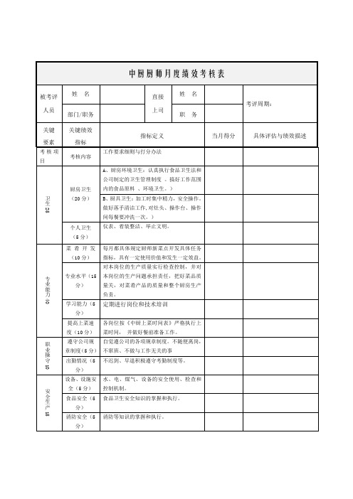 中厨厨师月度绩效考核表1