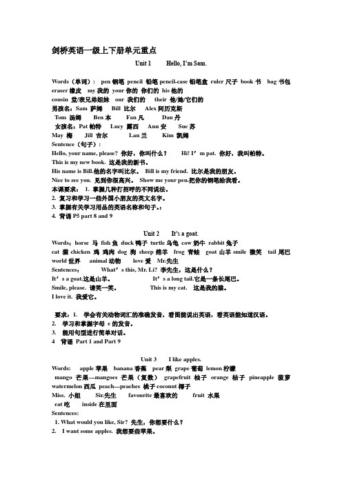 剑桥英语一级上下册单元重点