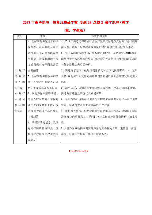 2013年高考地理一轮复习精品学案 专题39 选修2 海洋地理教学案(学生版)