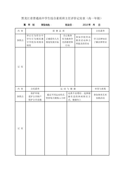 黑龙江省普通高中学生综合素质班主任评价记实表(高一年级)