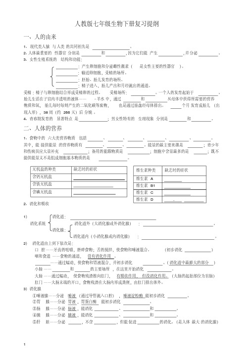 (完整版)新人教版七年级生物下册复习提纲(填空式)