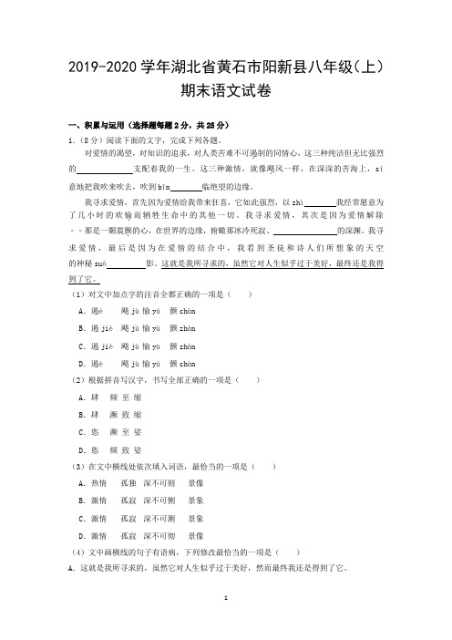 2019-2020学年湖北省黄石市阳新县八年级(上)期末语文试卷