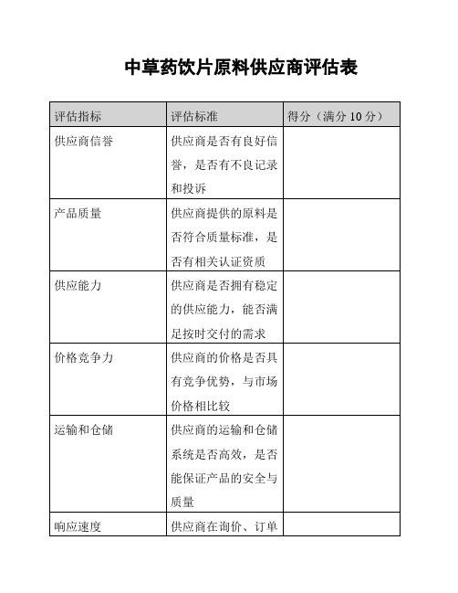 中草药饮片原料供应商评估表