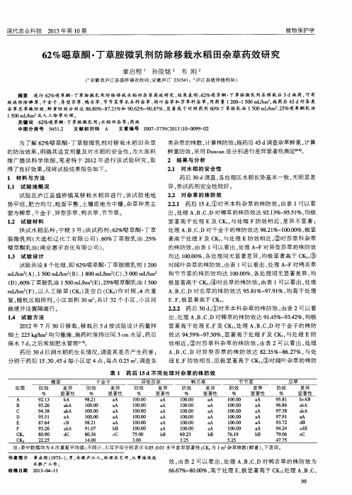 62%恶草酮·丁草胺微乳剂防除移栽水稻田杂草药效研究