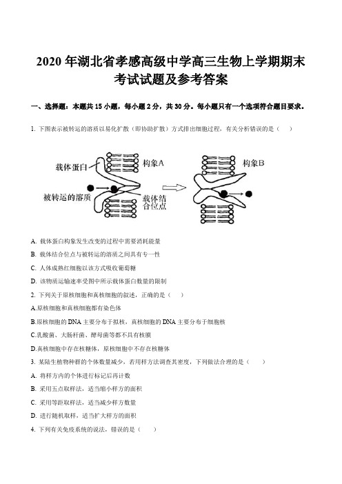 2020年湖北省孝感高级中学高三生物上学期期末考试试题及参考答案