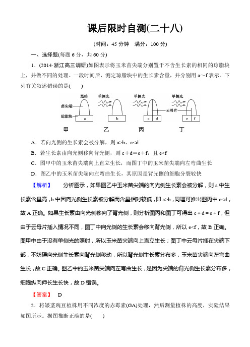 2015《课堂新坐标》高考生物大一轮复习配套课后限时自测卷： 植物的激素调节