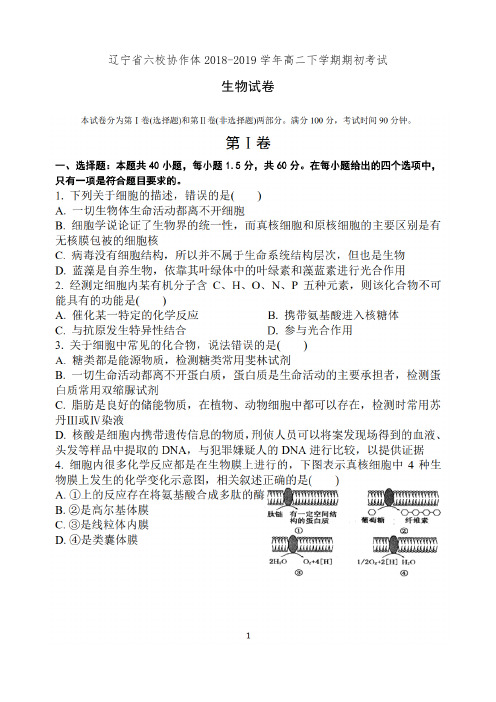 辽宁省六校协作体2018-2019学年高二下学期期初考试生物试卷(有答案)