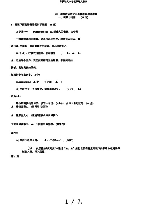 苏教语文中考模拟题及答案