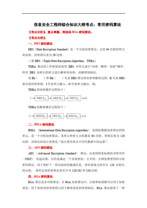 信息安全工程师综合知识大纲考点：常用密码算法