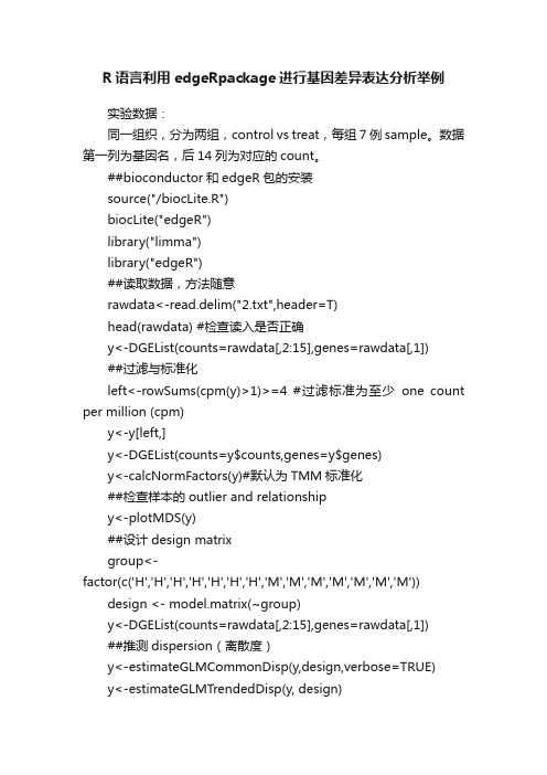 R语言利用edgeRpackage进行基因差异表达分析举例