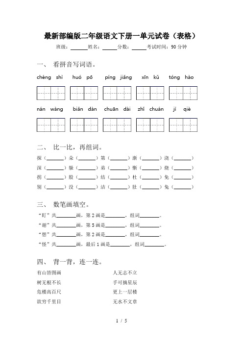 最新部编版二年级语文下册一单元试卷(表格)