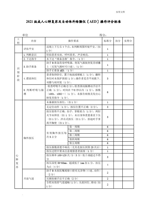 心肺复苏及AED操作评分标准