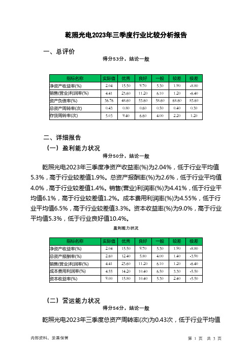 300102乾照光电2023年三季度行业比较分析报告