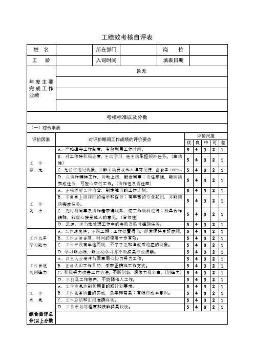 员工绩效考核自评表