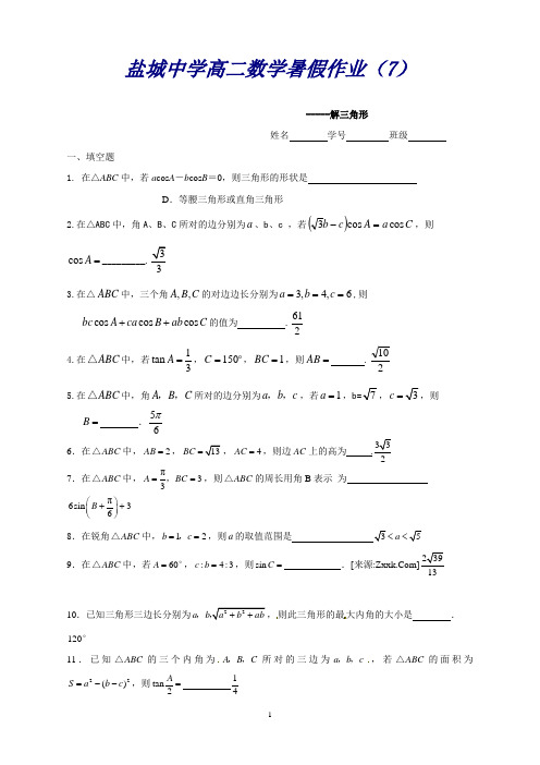 江苏省盐城中学高二数学暑假作业7：解三角形(教师版)