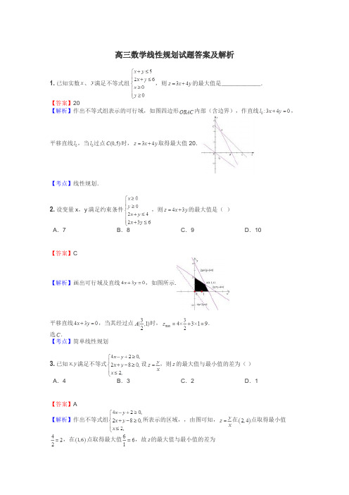 高三数学线性规划试题答案及解析
