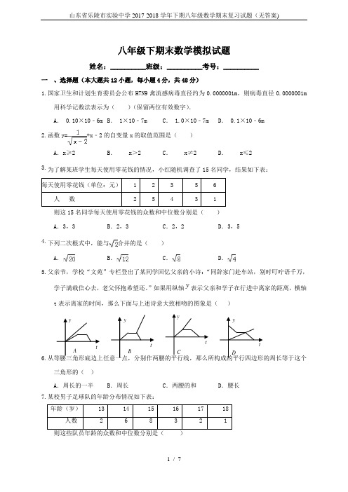 山东省乐陵市实验中学2017-2018学年下期八年级数学期末复习试题(无答案)