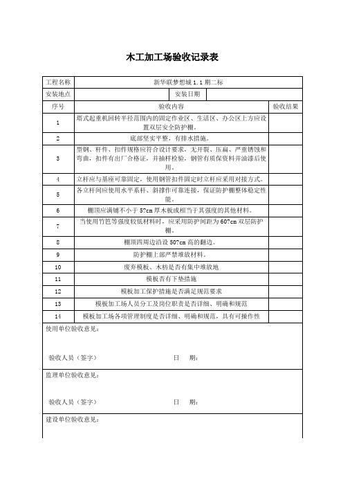 木工加工棚验收记录表