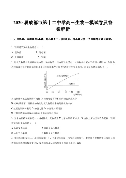 2020届成都市第十二中学高三生物一模试卷及答案解析