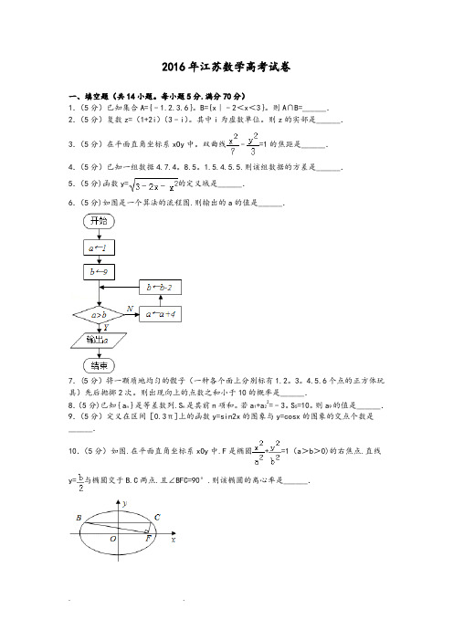 2016年江苏数学高考试卷含答案和解析