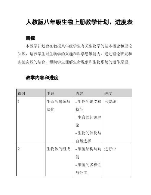 人教版八年级生物上册教学计划、进度表